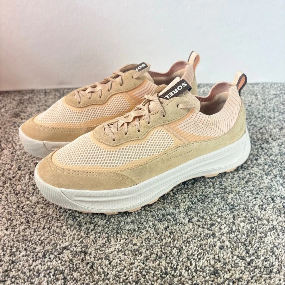 SOREL ONA 503 Knit Low Sneakers Peach Pink Suede Mesh Platform Trainers sz 10.5